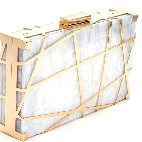 Firenze K Stunning Evening White Acrylic Gold Metal Frame Clutch - Picture 2 of 11